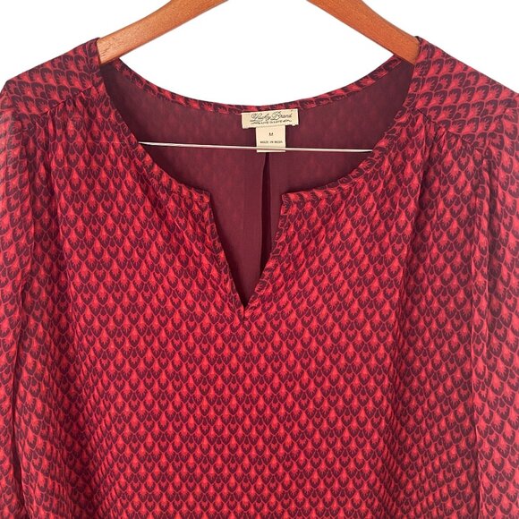 Lucky Brand Red & Black Animal Print Split Neck Blouse Sz Medium Long Sleeves - Picture 4 of 11